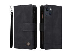 Capa PU padrão de listras com ranhuras para cartões e bolso com fecho de correr preto para iPhone 13 6.1