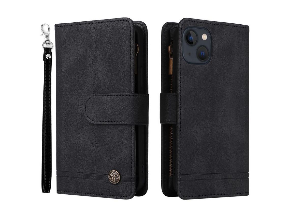 Capa PU padrão de listras com ranhuras para cartões e bolso com fecho de correr preto para iPhone 13 6.1