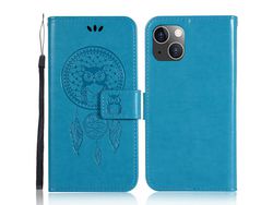 Capa PU + TPU impressão de apanhador de sonhos de coruja, à prova de choque, azul anti-riscos para iPhone 13 mini 5.4
