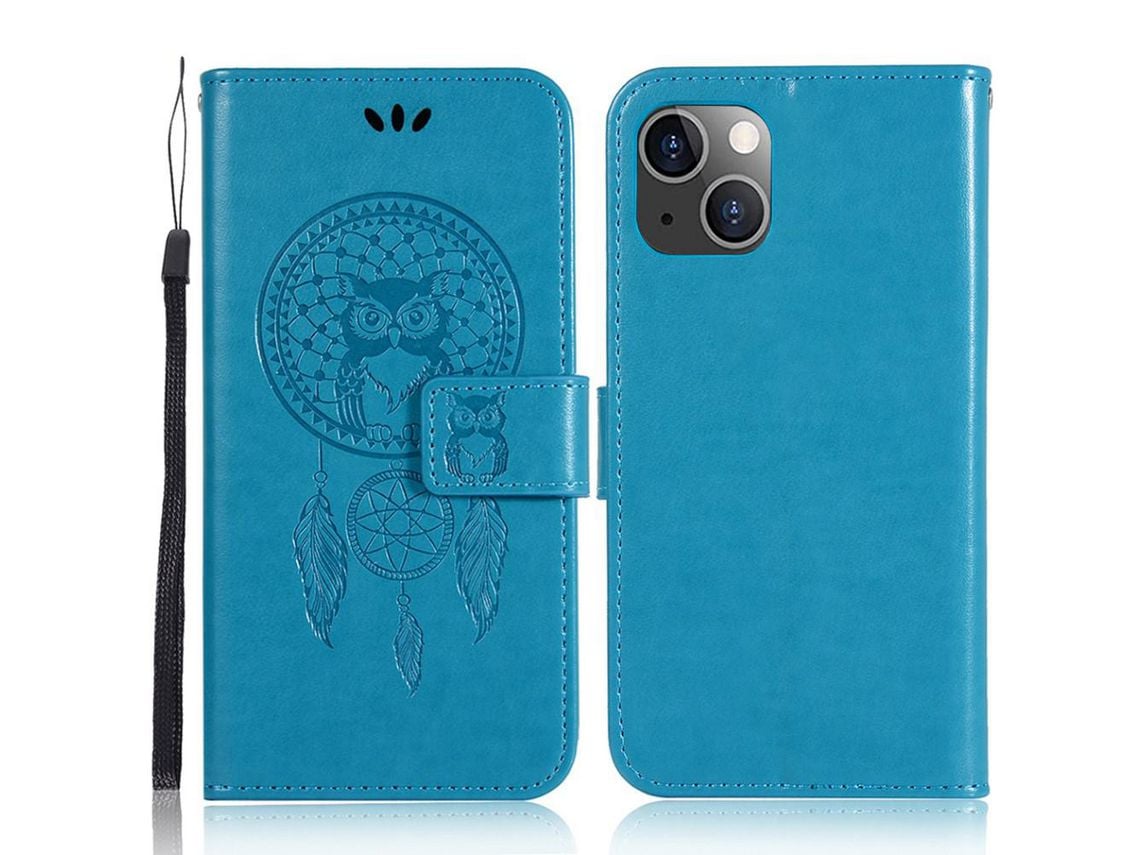 Capa PU + TPU impressão de apanhador de sonhos de coruja, à prova de choque, azul anti-riscos para iPhone 13 mini 5.4