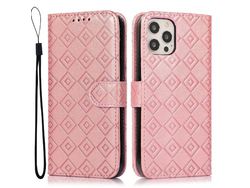 Capa PU + TPU padrão de grade com fundo rosa para iPhone 13 Pro 6.1