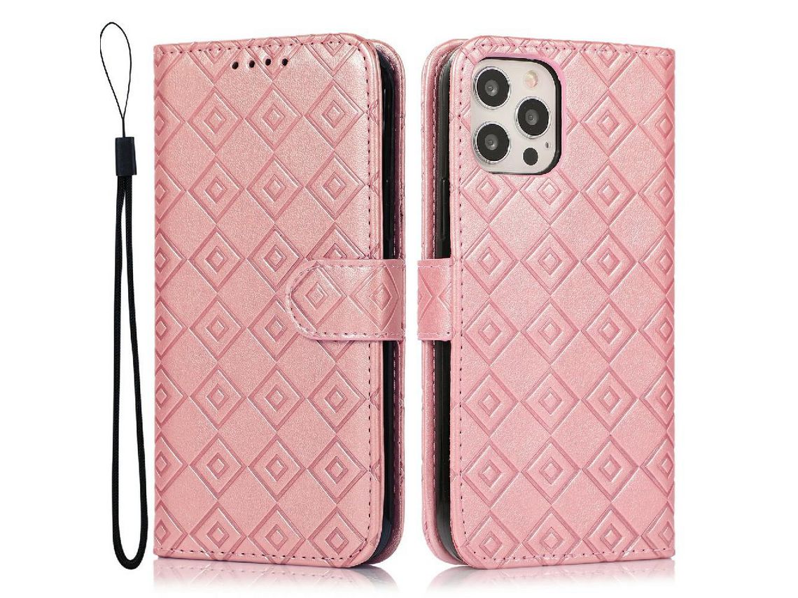 Capa PU + TPU padrão de grade com fundo rosa para iPhone 13 Pro 6.1