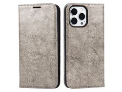 Capa de couro genuíno cavalo louco, à prova de poeira, porta-cartões cinza para iPhone 13 Pro 6.1