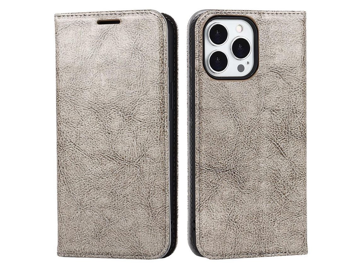 Capa de couro genuíno cavalo louco, à prova de poeira, porta-cartões cinza para iPhone 13 Pro 6.1