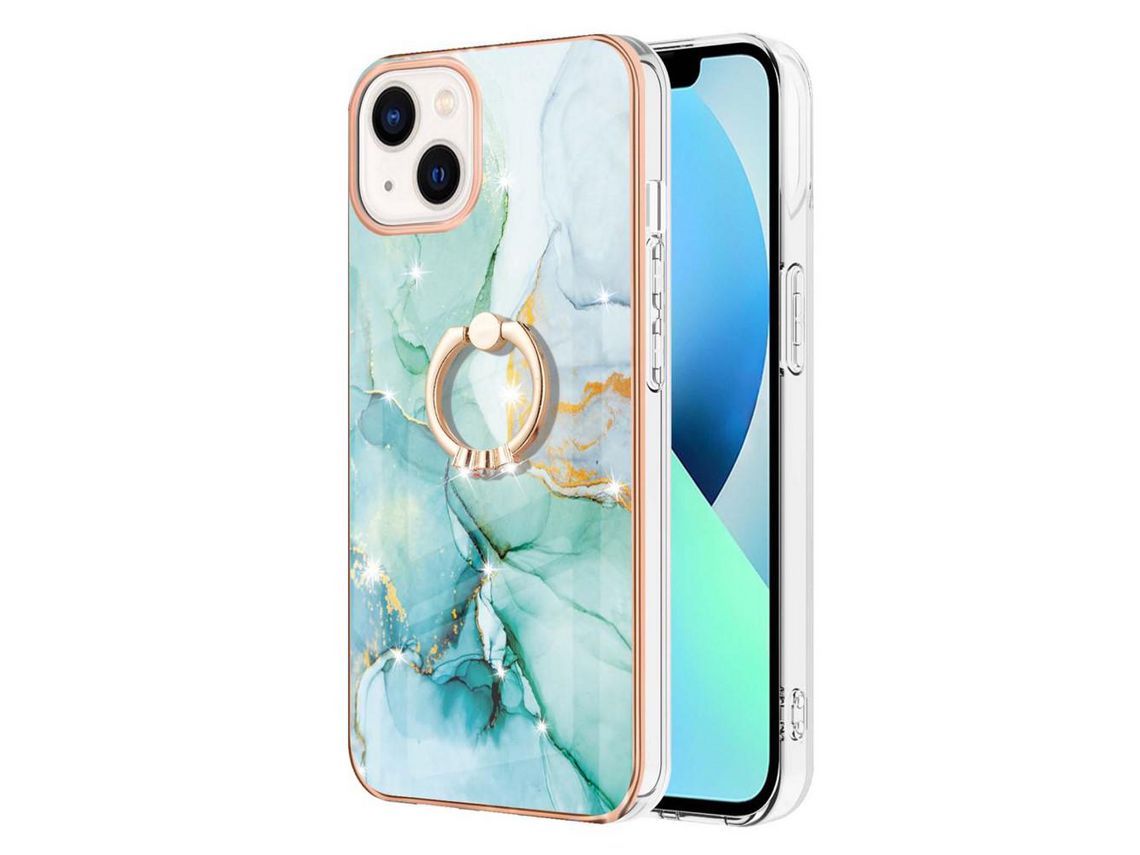 Capa TPU galvanizado, efeito mármore IML com cabo verde 003 para iPhone 13 6.1