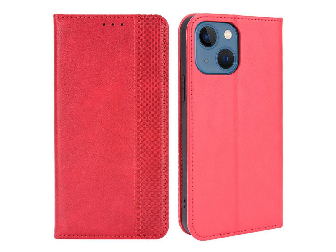 Capa PU + TPU auto-absorvido, estilo vintage com fundo vermelho para iPhone 13 mini 5.4