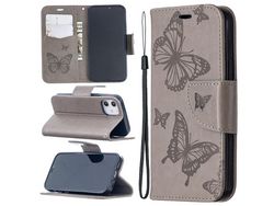 Capa PU borboleta imprint com apoio cinza para Apple iPhone 12 5.4