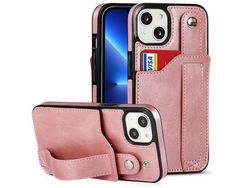 Capa TPU + PU Função de bloqueio RFID, anti-riscos com muleta para pulseira e porta-cartão ouro rosa para iPhone 13 6.1