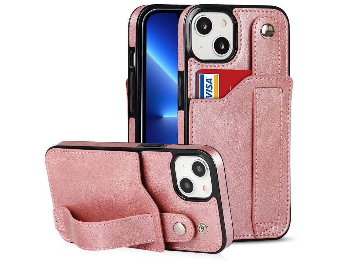 Capa TPU + PU Função de bloqueio RFID, anti-riscos com muleta para pulseira e porta-cartão ouro rosa para iPhone 13 6.1
