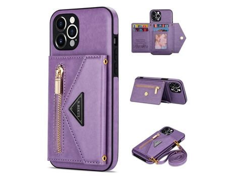 Capa PU N.BEKUS com suporte de pontapé, bolso com fecho éclair e cordão de segurança roxo para iPhone 12 Pro 6.1