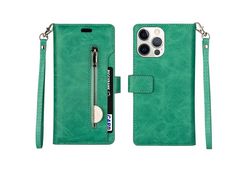 Capa PU + TPU multifuncional com suporte e bolso com zíper verde para iPhone 13 Pro 6.1