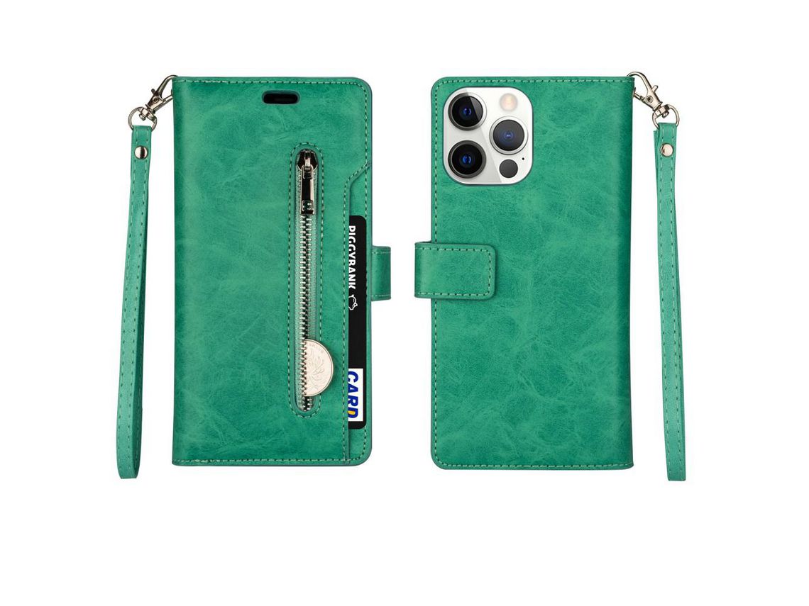 Capa PU + TPU multifuncional com suporte e bolso com zíper verde para iPhone 13 Pro 6.1