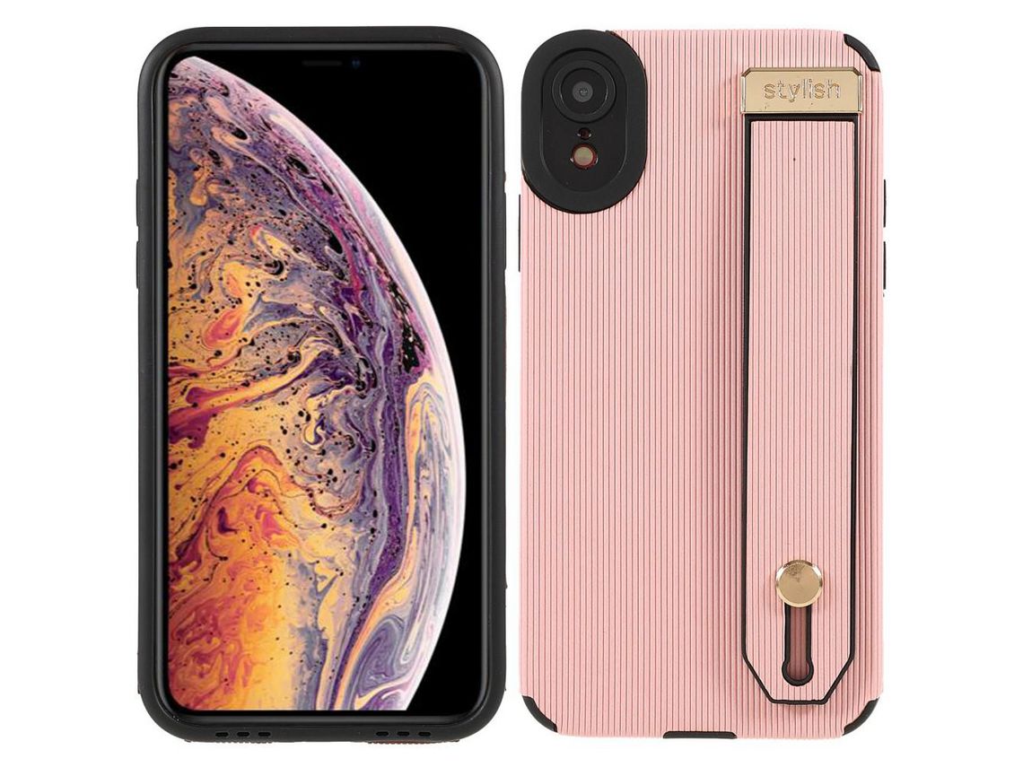 Capa TPU + microfibra e, à prova de choque com suporte de pulso rosa para iPhone XR 6.1