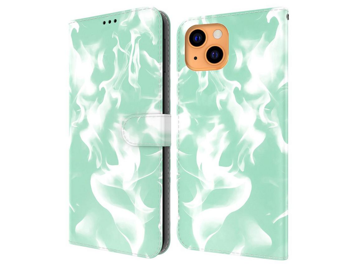 Capa PU + TPU padrão de neblina com fundo verde para iPhone 13 6.1