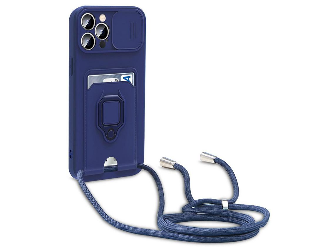 Capa TPU com suporte de pontapé, ranhuras para cartões, protecção da lente da câmara e cordão de segurança azul para iPhone 13 Pro 6.1
