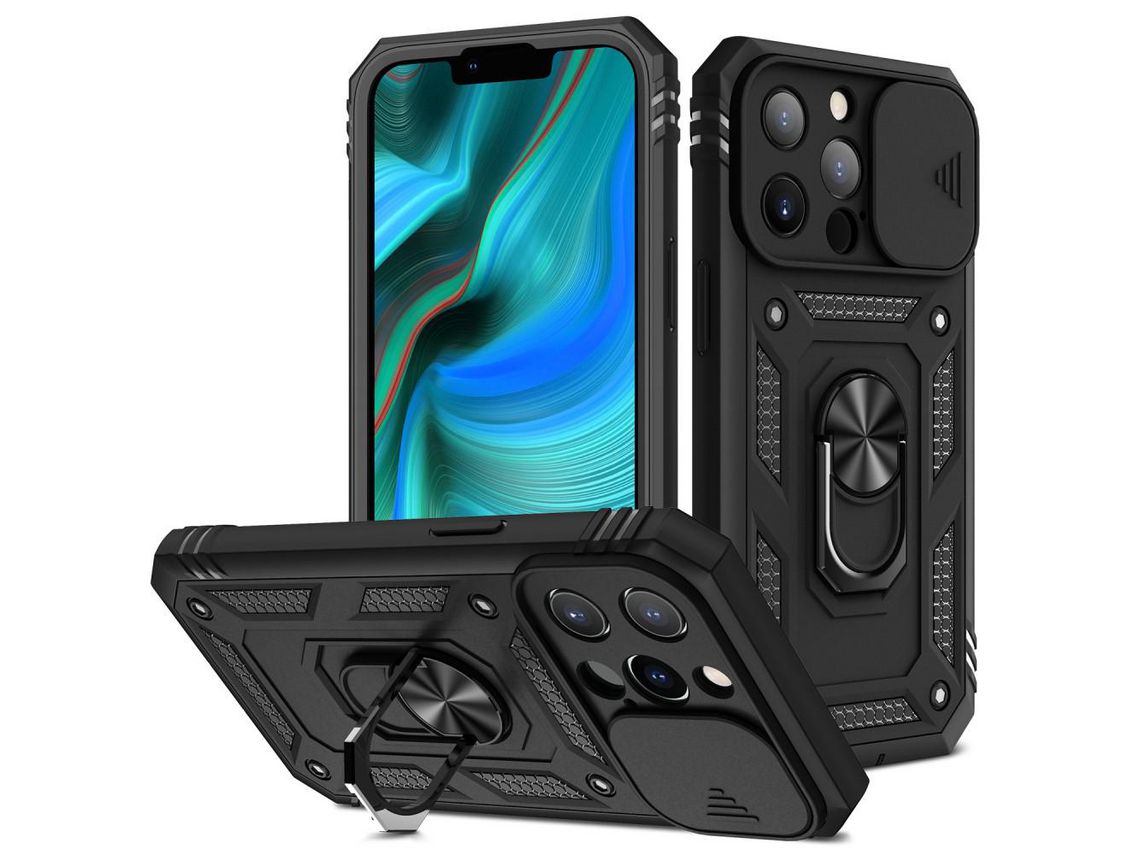 Capa TPU Anti-queda 3 em 1 com suporte preto para iPhone 13 Pro 6.1