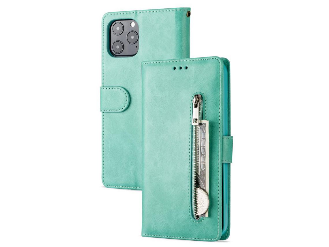 Capa PU bolso com zíper com apoio verde para Apple iPhone 12 5.4