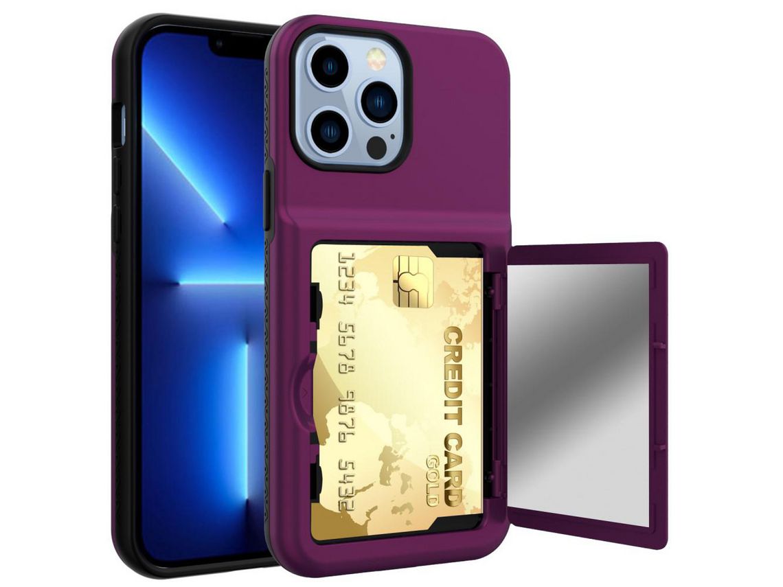 Capa TPU + acrílico com suporte para cartão roxo escuro para iPhone 13 Pro 6.1