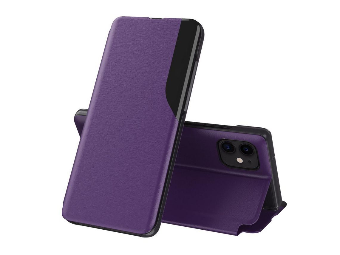 Capa PU janela de visualização com apoio roxo para Apple iPhone 12 mini