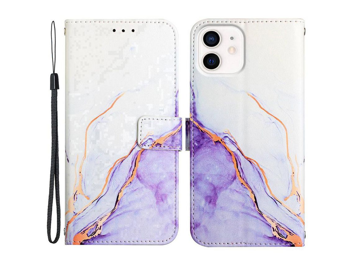 Capa PU padrão de mármore Branco roxo para iPhone 12 mini 5.4