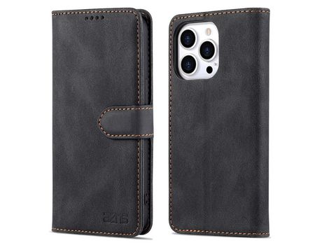 Capa PU + TPU AZNS com suporte, cor preta para iPhone 13 Pro 6.1