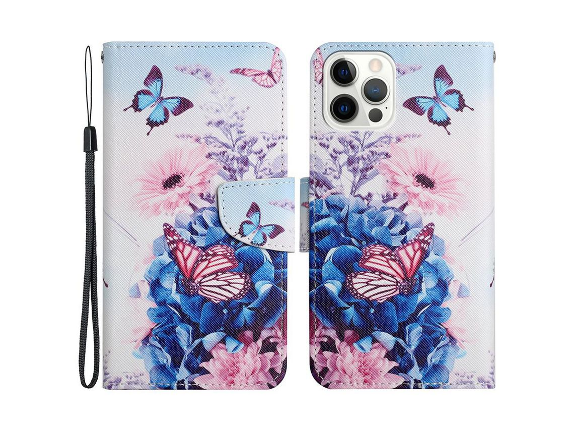 Capa PU + TPU com suporte de borboleta roxa para iPhone 13 Pro Max 6.7