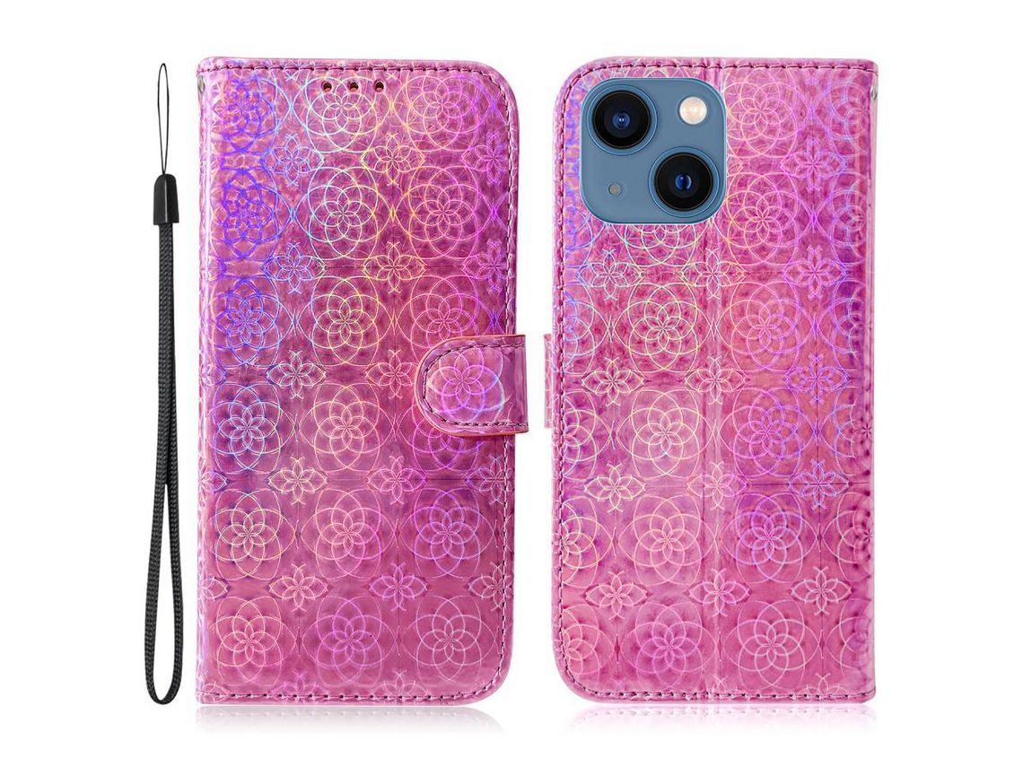Capa PU + TPU padrão de flores com fundo rosa para iPhone 13 mini 5.4