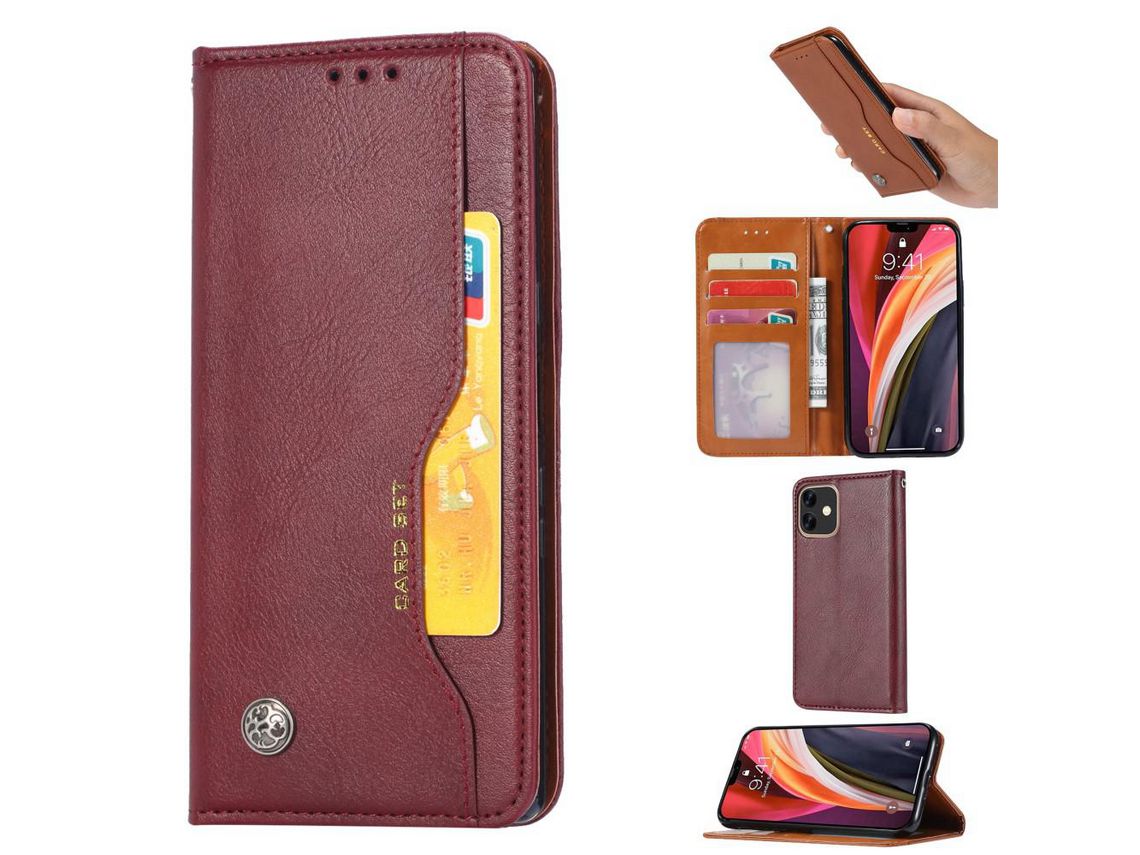 Capa PU clássico auto-absorvida com apoio vinho tinto para Apple iPhone 12 Max/Pro 6.1