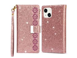 Capa PU + TPU Zíper estilo estrela brilhante com fundo de ouro rosa para iPhone 13 6.1