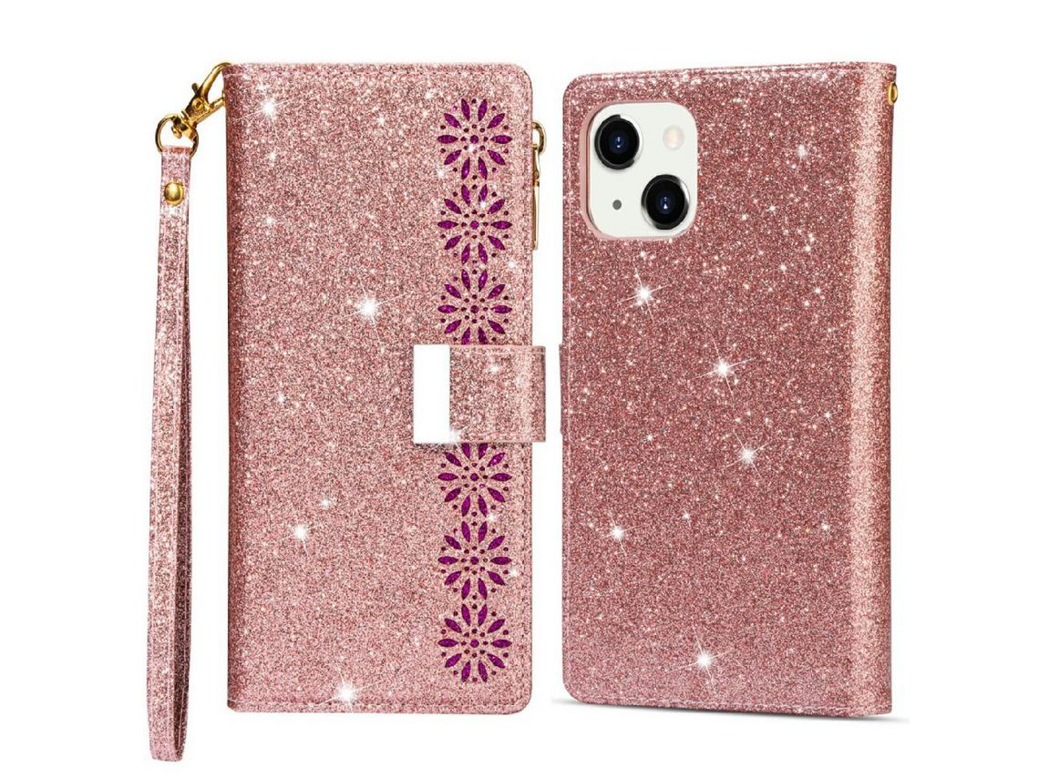 Capa PU + TPU Zíper estilo estrela brilhante com fundo de ouro rosa para iPhone 13 6.1