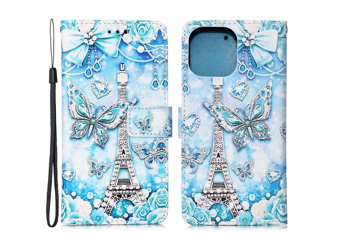 Capa PU + TPU com torre eiffel e suporte borboleta para iPhone 13 Pro 6.1