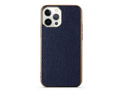 Capa TPU + couro genuíno galvanizado, textura de lichia, azul anti-queda para iPhone 13 Pro 6.1