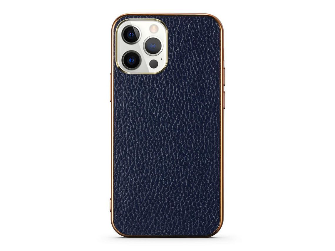 Capa TPU + couro genuíno galvanizado, textura de lichia, azul anti-queda para iPhone 13 Pro 6.1