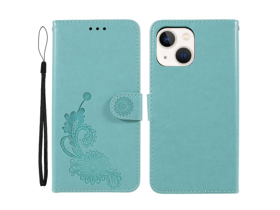 Capa PU padrão de renda e lótus ciano para iPhone 13 mini 5.4