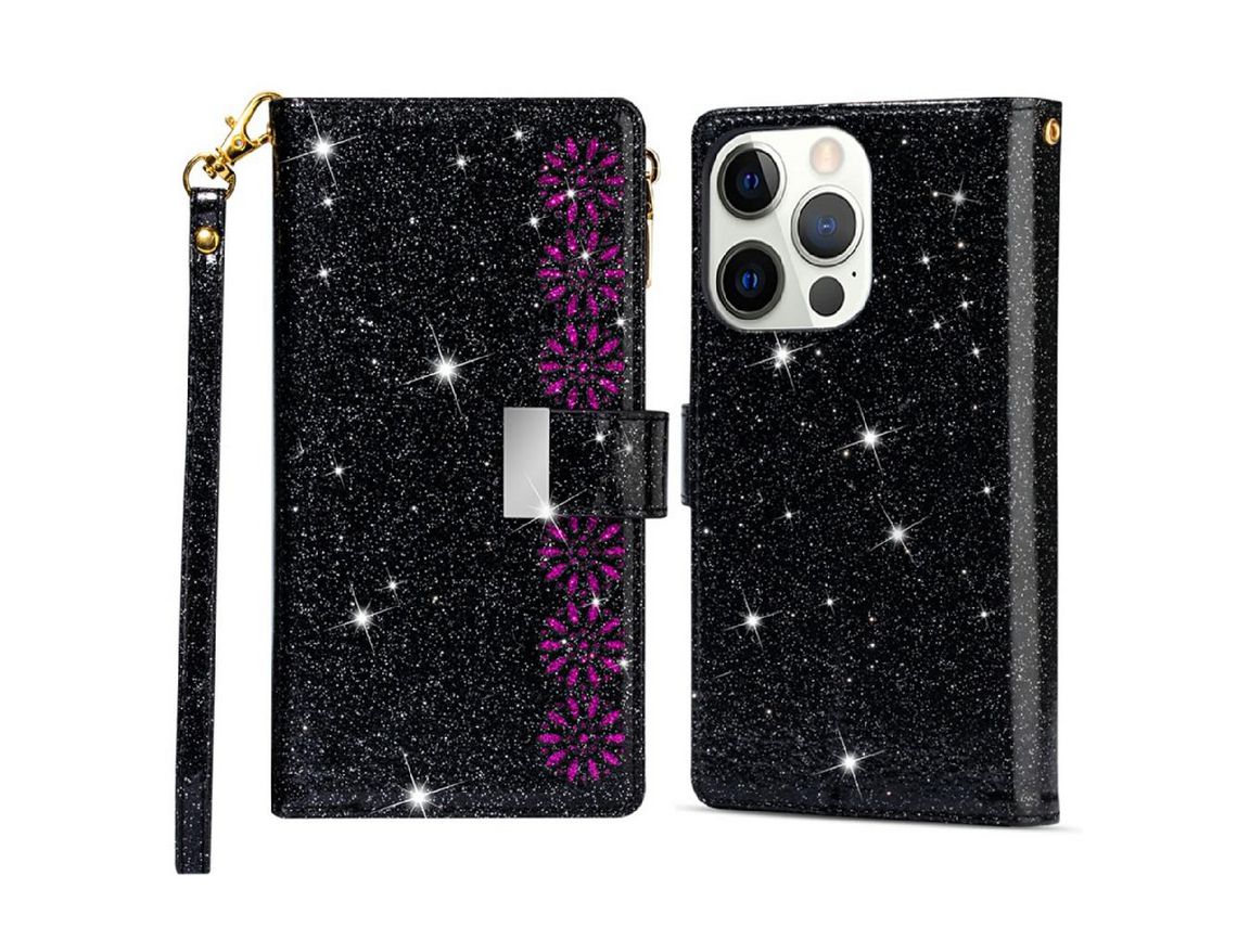 Capa PU + TPU zíper com suporte e alça preta para iPhone 13 Pro 6.1