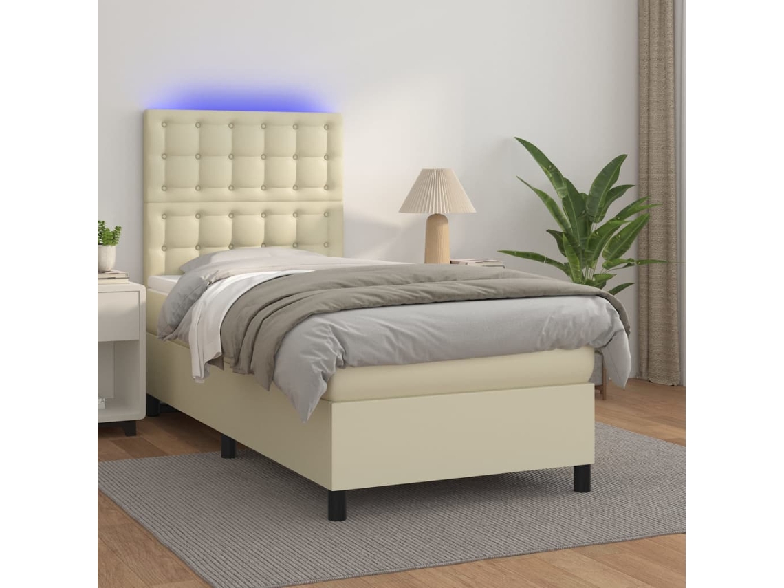 Vidaxl Cama Box Spring C/ Colchão/led 90x200 Cm Couro Artificial Creme