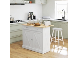 Cozinha Compacta Ilha Dobrável 90cm com Bancada em Madeira, 2 Portas, 2 Gavetas, Prateleira Regulável e 4 Rodízios Branco e Tom Natural