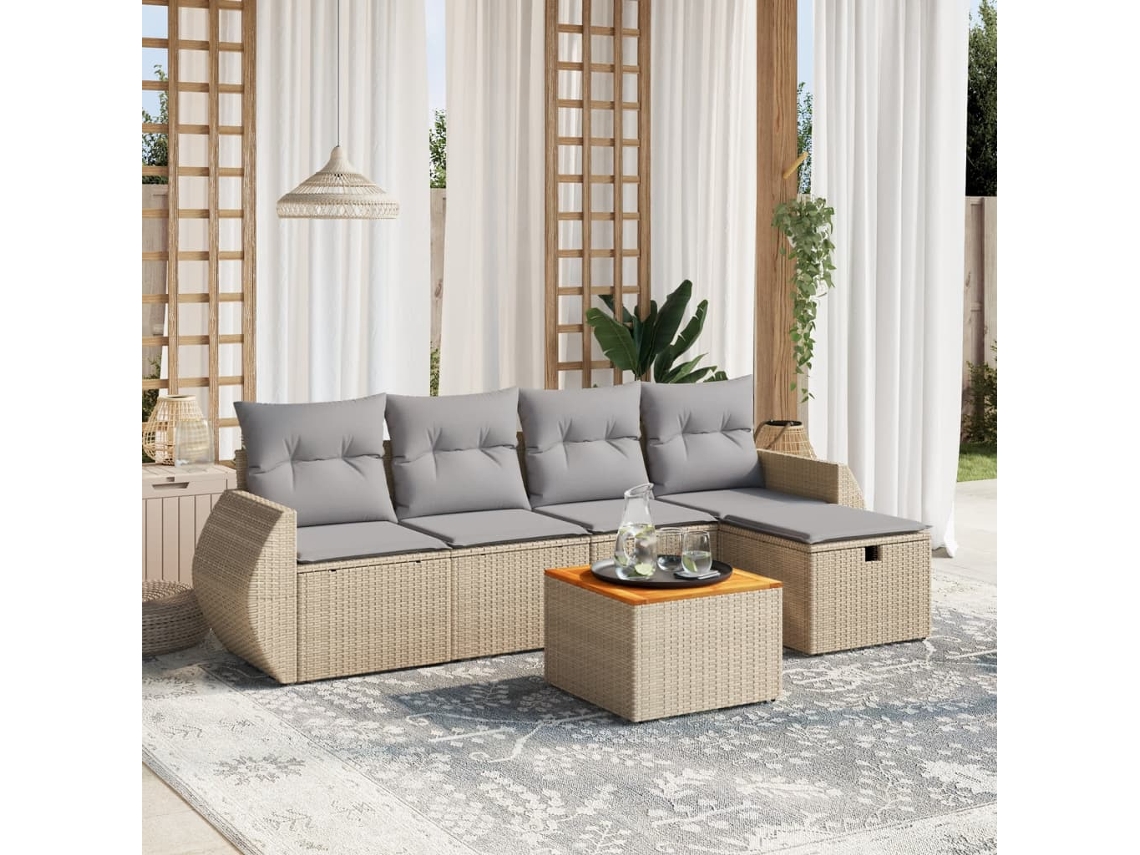 Vidaxl 6 Pcs Conj. Sofás Jardim C/ Almofadões Vime Pe Bege Misturado