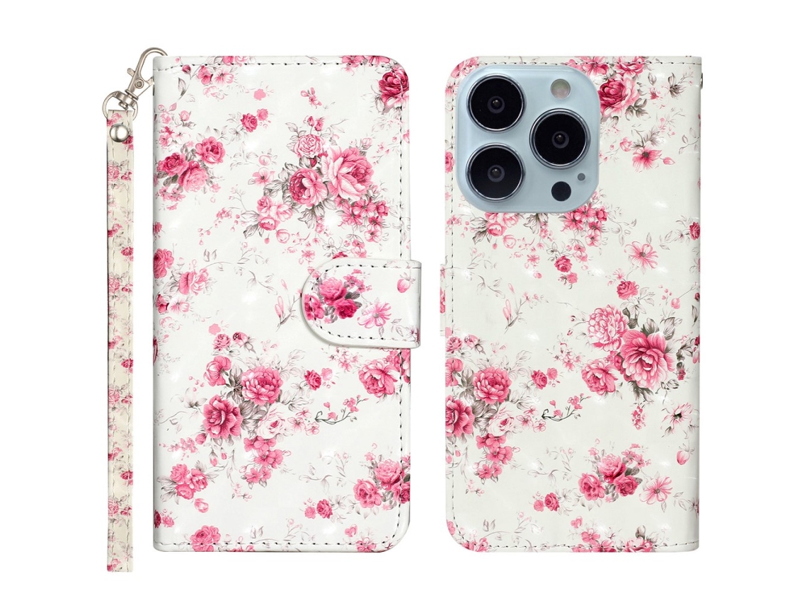 Capa Em Couro Pu Com Suporte Para Apple Iphone 16 Pro Max - Rosas