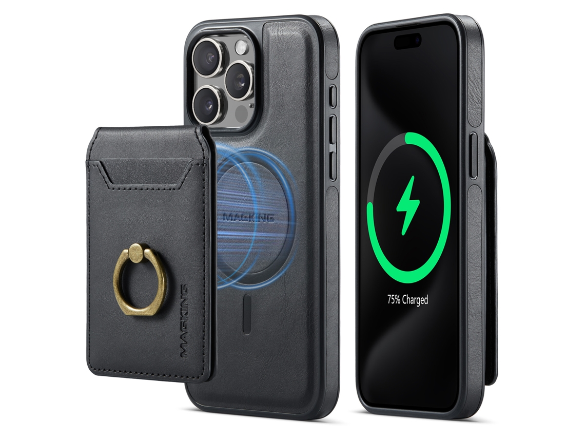 Capa Removível Magnética Para Iphone 15 Pro Max ,para Magsafe, Rfid, Pele Porta Cartões Preto Hexinyigjly