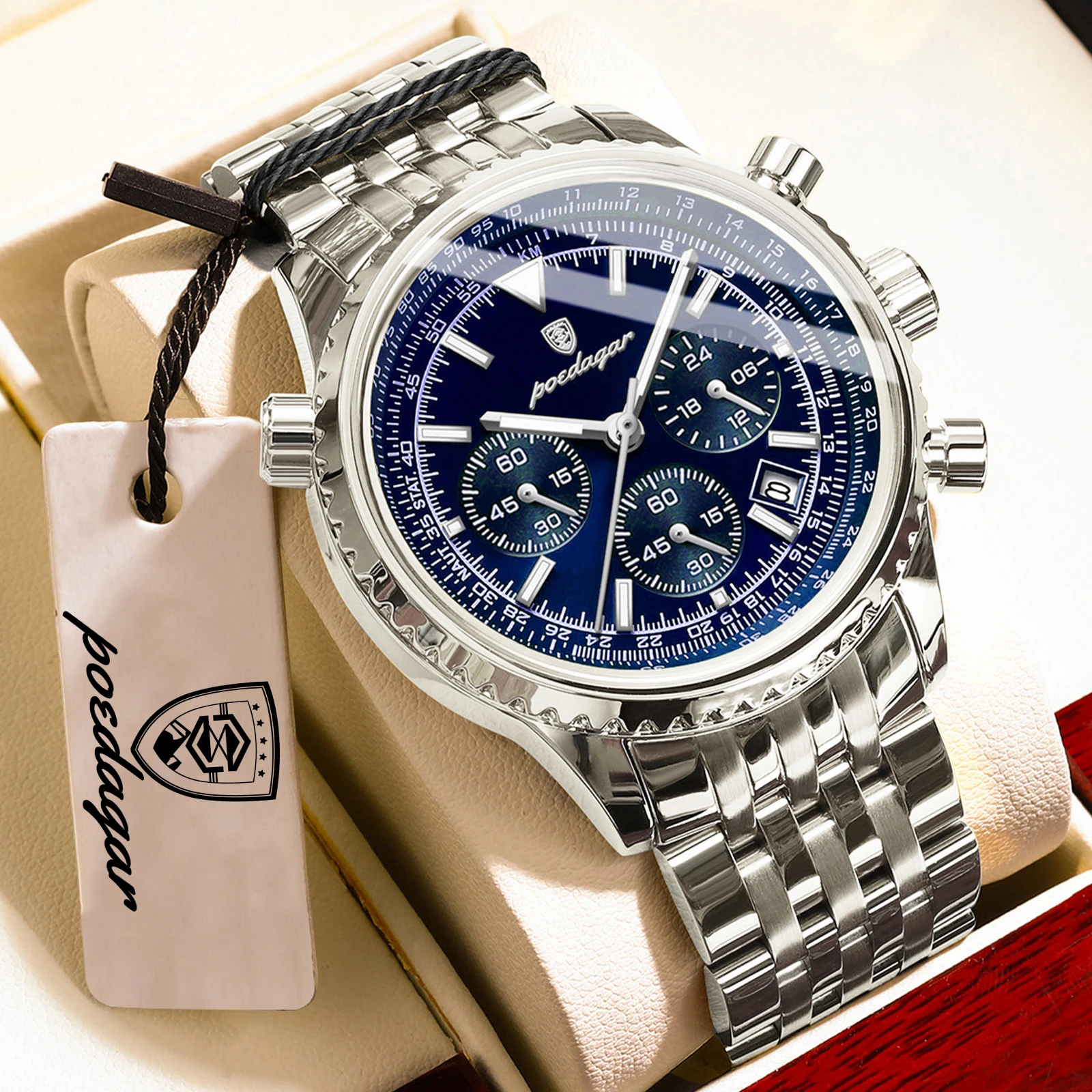 Relógio Masculino Casual (azul Prateado), Com Indicação De Horas, Data, À Prova D'água E Com Movimento De Quartzo Luminoso.