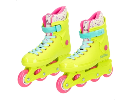 Patins em Linha 4 Rodas Amarelo Néon com Fivela e Cadarços Ajustáveis Tamanho 36 Máx. 50 kg CB RIDERS