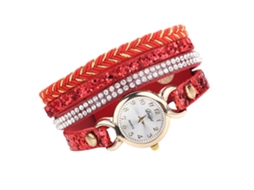Relógio de Pulso Feminino Fashion de Couro Pu com Strass e Pulseira Tecida Quartz (vermelho)