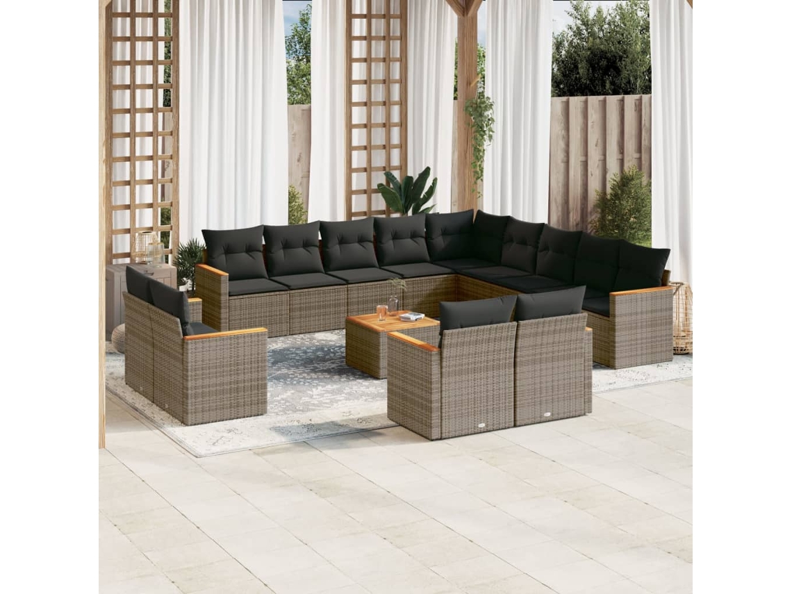 Vidaxl 14 Pcs Conjunto Sofás P/ Jardim C/ Almofadões Vime Pe Cinzento