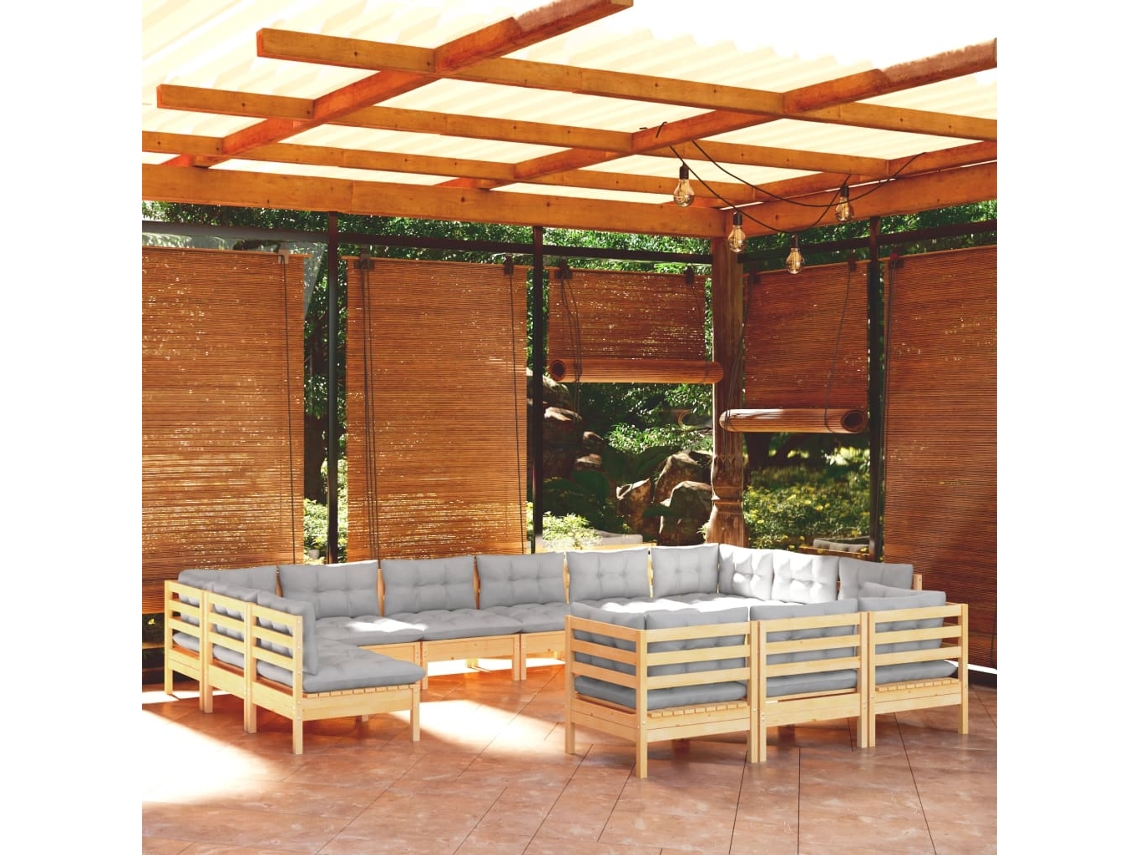 Conjunto Lounge Jardim 13 Peças C/ Almofadões Cinza Pinho Dkd Home Decor