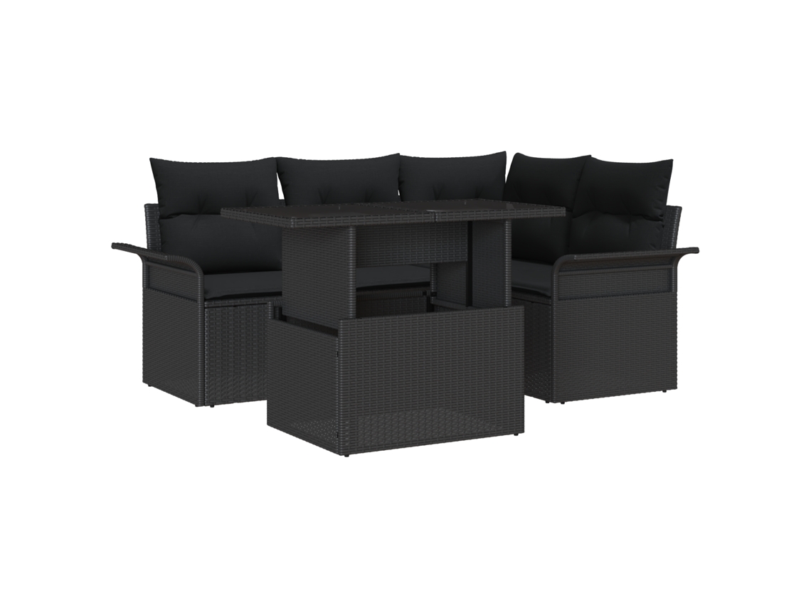 Conjunto 5 De Sofás De Jardim Vidaxl Com Almofadas Rattan Poliéster Preto  Preto Vime Pe