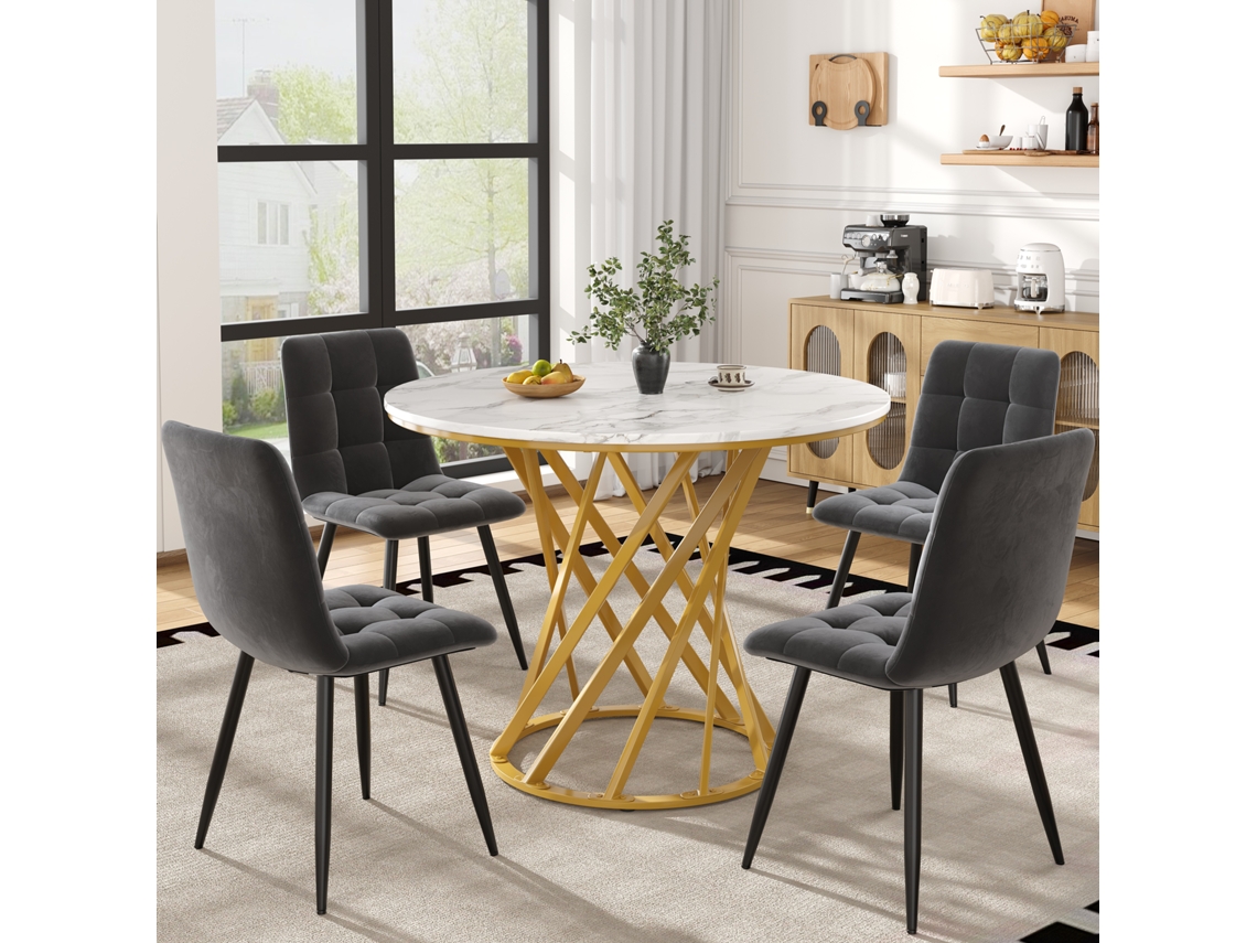 Conjunto Mobiliário Jantar Com 4 Cadeiras Veludo, Mesa Redonda 80cm Diâmetro Para Cozinha E Sala Estar