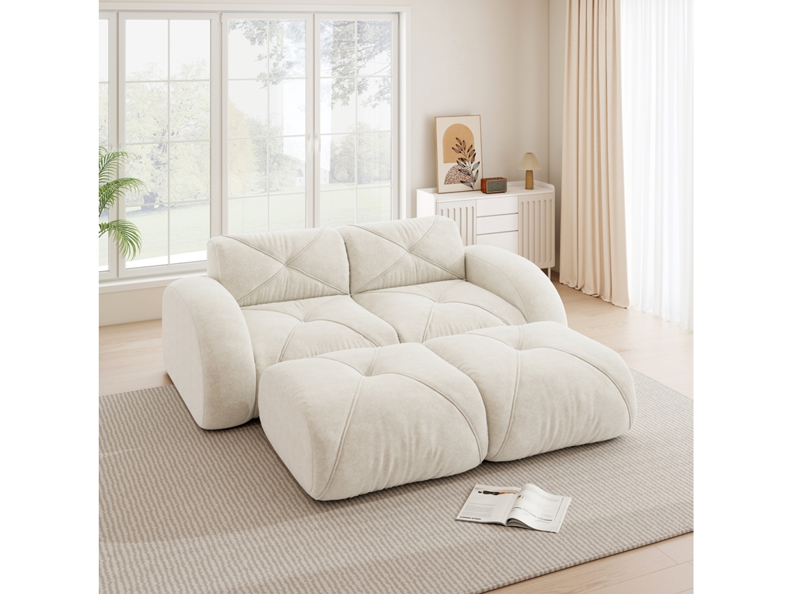 Sofá Modular 2 Lugares Branco Com 2 Puffs E Estrutura Sem Montagem