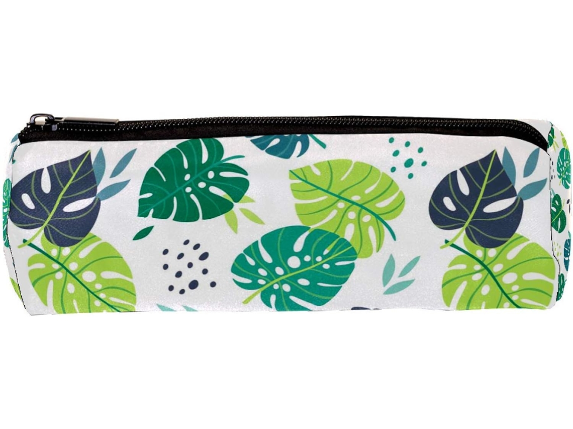 Estojo Lápis Com Estampa De Monstera Verde E Folhas, Porta Lápis, Organizador De Mesa, Nécessaire Escola E