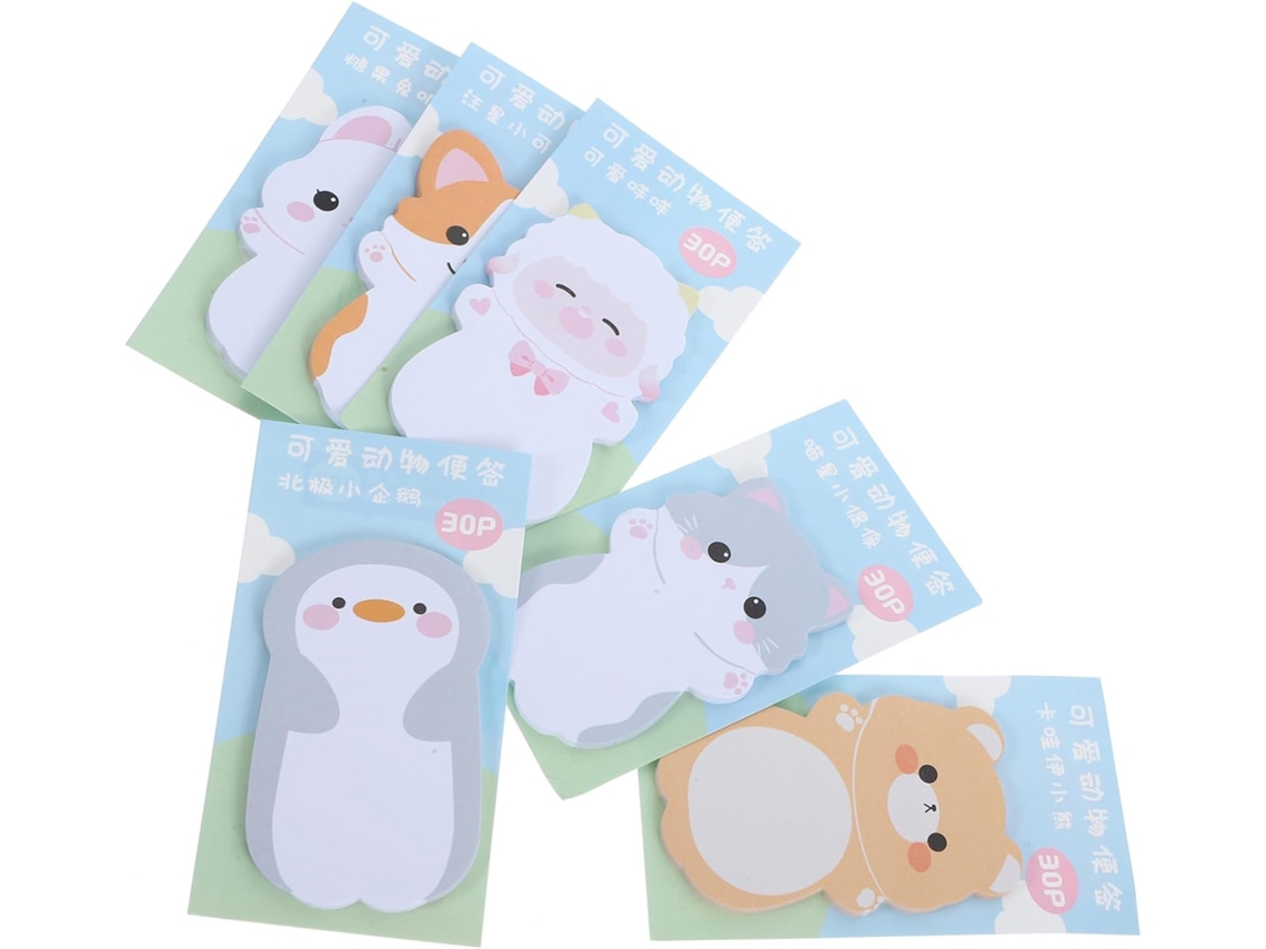 Conjunto de 6 blocos de notas adesivos práticos em formato de animais, papel autoadesivo reposicionável para escritório.